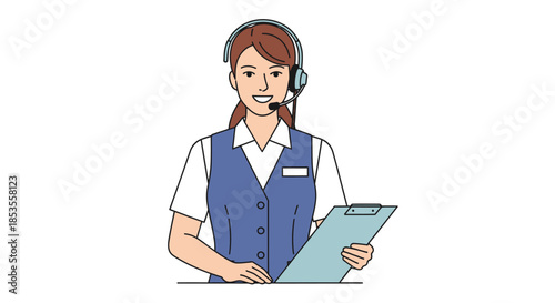 Friendly Female Call Center Agent with Headset and Clipboard.