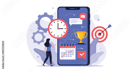 Time management and productivity concept with a woman organizing tasks on a large smartphone screen with a calendar, clock, and goals.