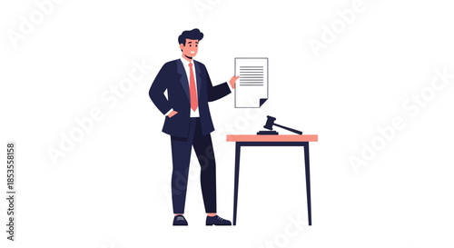 Lawyer holding a document next to a gavel on a table.