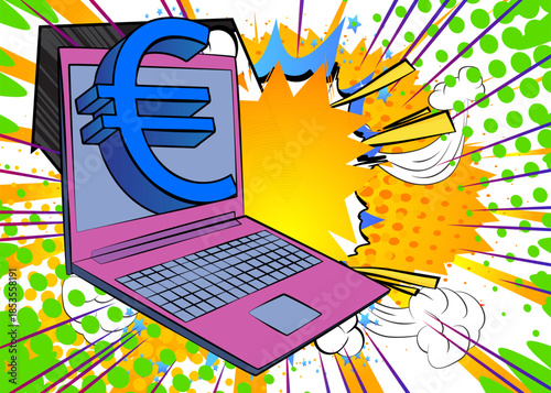 Cartoon Laptop, comic book Notebook with Euro Sign. Retro vector comics pop art design.