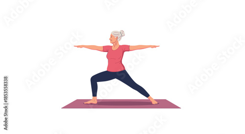 Active senior woman with grey hair practicing yoga in the warrior two pose, or virabhadrasana, on a pink mat for strength.