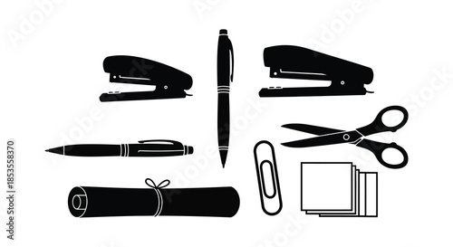 A collection of common office supplies presented in a striking black and white silhouette