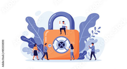 Data privacy and security concept with a group of people protecting a large padlock that represents secure information and access.