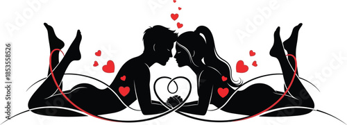 Loving couple sharing romantic moment with heart symbols around