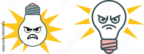 Angry light bulb with evil eye expression emitting sharp energy beams from all sides against transparent background