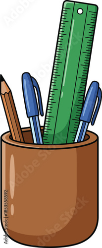 Desk organizer with pencil, pens, and ruler on a white background stationery