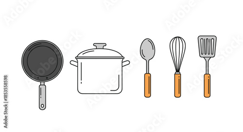 Set of essential kitchen utensils including a frying pan, cooking pot, spoon, whisk, and spatula, illustrated in a simple line art style.