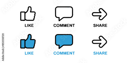 social interaction icons set like comment share outline filled