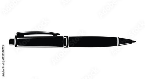 A sleek and minimalist black ballpoint pen design is clearly presented as a striking silhouette