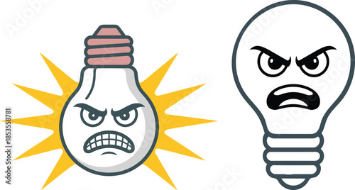 Two angry light bulb with evil eye and sharp electric beams against transparent representing disagreement conflict
