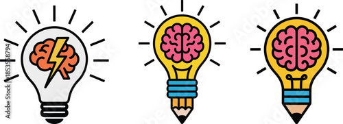 Conceptual creative lightbulb with brain idea inspiration and innovation thinking solution smart intelligence wisdom imagination knowledge flat design