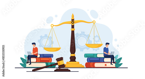 Legal education and online law studies concept with students on laptops balanced on books next to scales of justice and a gavel.