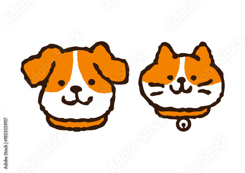 Cute dog and cat face illustration set, hand-drawn style, orange color