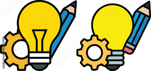 Creative concept representing light bulb brain icon idea generation combined with pencil and gear for problem solving thinking solution vector art