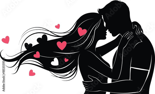 Romantic couple embracing with hearts around them in love