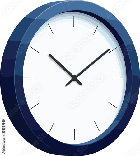 Simple Blue Framed Wall Clock With Black Hands On White Background Keywords: clock, time, wall clock, round, dial, numbers, hour