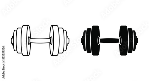 A graphic depiction of two dumbbells one white and one black showcasing a stark contrast silhouette