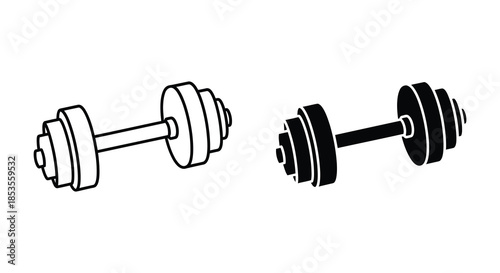 A detailed depiction of two black and white barbells showcasing weightlifting equipment as a silhouette