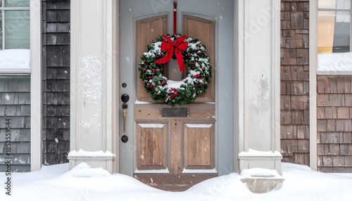 Snow-covered house entrance with festive wreath on a wooden door, winter scene