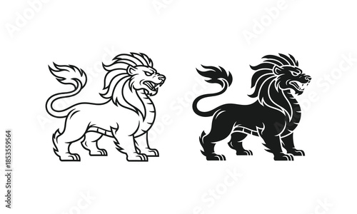 Two stylized lion mascots in outline and black silhouette on white background