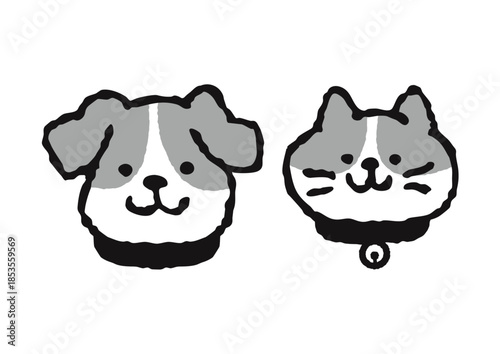 Cute dog and cat face illustration set, hand-drawn style, gray and brown monotone color