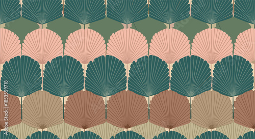 Art deco style seamless pattern with stylized fan-shaped palm leaves in a sophisticated palette of pink, green, and brown.