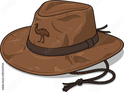 Brown Bush Hat With Emu Silhouette And Leather Band On White Background Keywords: hat, bush hat, safari hat, explorer hat
