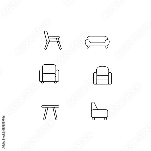 Set of furniture icons including chairs and sofa on white background