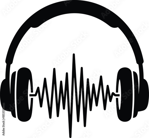 Black headphones with sound wave graphic on white background audio music