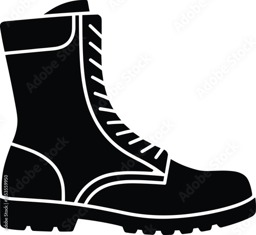 Black silhouette of a lace-up combat boot on a white background military footwear