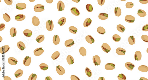 Seamless pattern of roasted and salted pistachios in their shells scattered randomly across a clean white background for food-related designs.