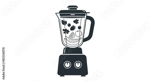 A detailed black and white illustration of a blender filled with fruits a kitchen appliance silhouette