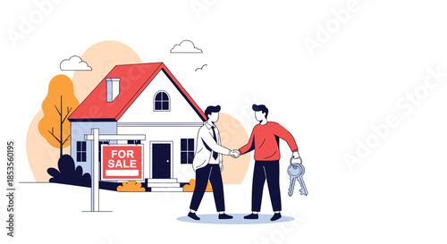 Real estate agent shakes hands with a new homeowner who is holding keys in front of a house with a for sale sign, symbolizing a successful property deal.