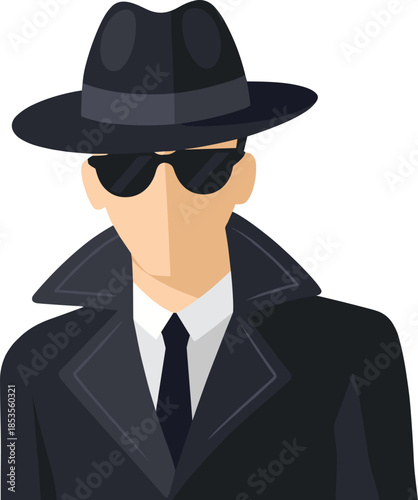 Man in Trench Coat Hat and Sunglasses Spy Detective Keywords: spy, detective, secret agent, man, male, person, figure, illustration