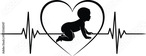 Black Silhouette of Crawling Baby Inside Heart Shape with Heartbeat Line, New Life and Pregnancy Concept Isolated on White Background,