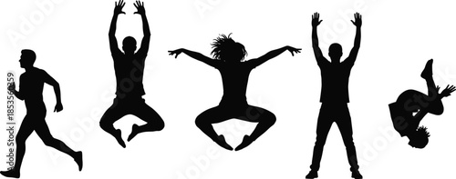 Black Silhouettes of Active People Jumping and Running, Men and Women Performing Parkour and Athletic Stunts Isolated on White Background,