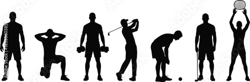 Black Silhouettes of Athletes Performing Diverse Sports and Fitness Exercises, Golf Tennis Weightlifting and Training Poses Isolated on White Background,