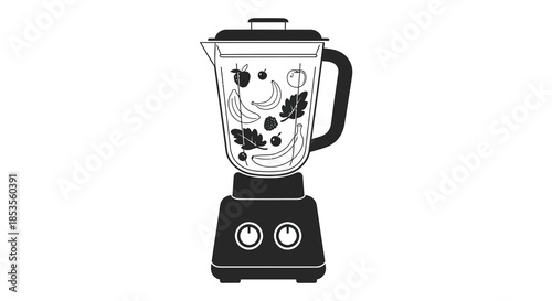 A sleek black and white illustration of a kitchen blender filled with various fruits silhouette