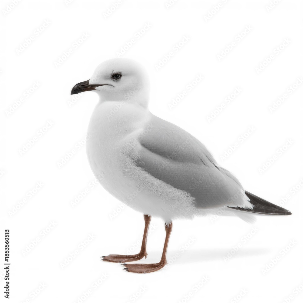 Fototapeta premium White Seagull Standing Alone, Bird Portrait with Grey Wings and Black Beak on White Background