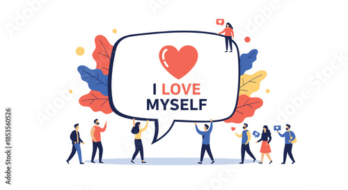 A diverse group of tiny people holding a large speech bubble with the message 'I love myself' and a red heart, illustrating self-love and mental wellness.