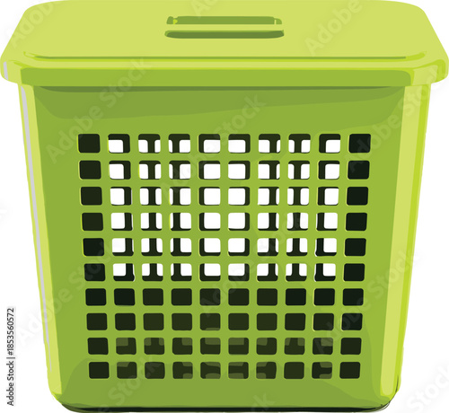 Green Plastic Laundry Basket with Square Holes on White Background Keywords: laundry basket, hamper, clothes basket, plastic, green