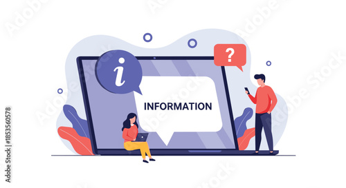 Information center and customer support concept with people using a laptop and phone to access an online FAQ and help desk for answers.
