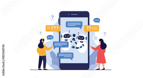 Chatbot and artificial intelligence support concept with users asking questions to friendly robots on a smartphone screen for online customer service.