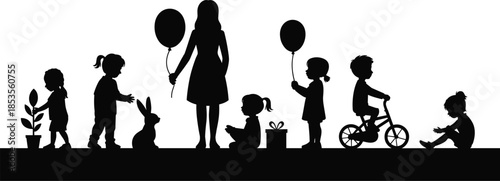 Black silhouette of children and teacher with balloons, kids playing with rabbit and riding bicycle on white background, vector set