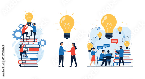Set of three illustrations about teamwork and new ideas, showing people climbing books to place a lightbulb, shaking hands, and collaborating in a meeting.