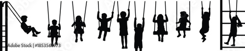 Black silhouette of children playing on swings and playground equipment, kids hanging climbing and swinging on white background, vector set