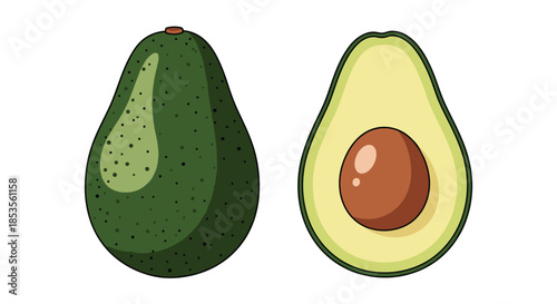 A whole green avocado next to a halved avocado, showcasing the light green flesh and the large brown seed in the center on a white background.