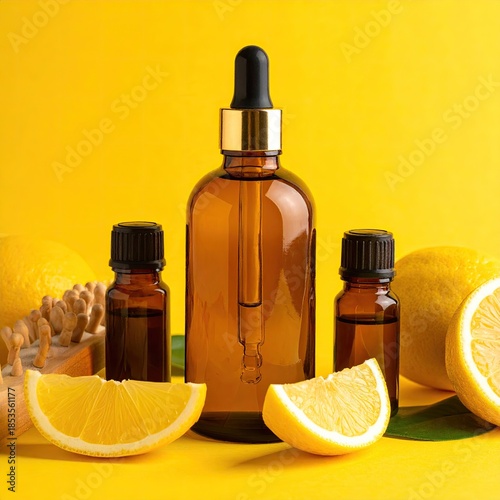 Amber glass bottles, lemon slices, and a yellow background.  Natural skin care products