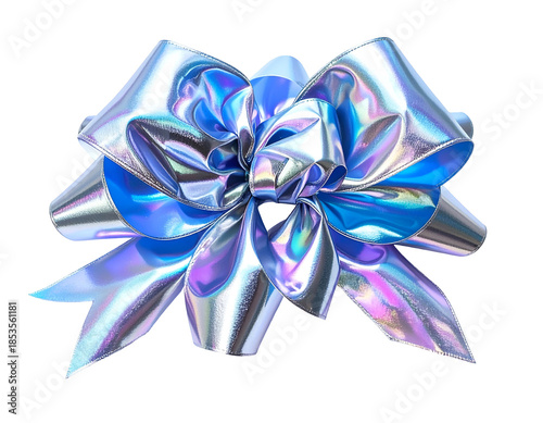 Iridescent, metallic bow, multi-layered with shades of blue and silver on black