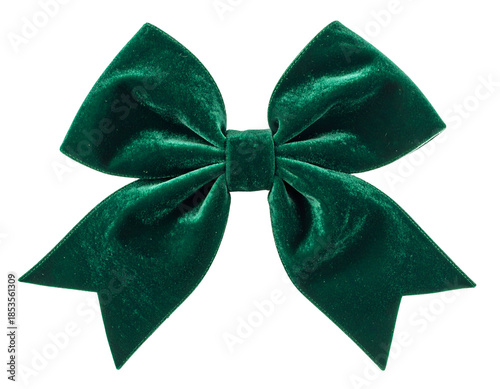 Isolated close-up of a luxurious dark green velvet bow with a textured, folded appearance